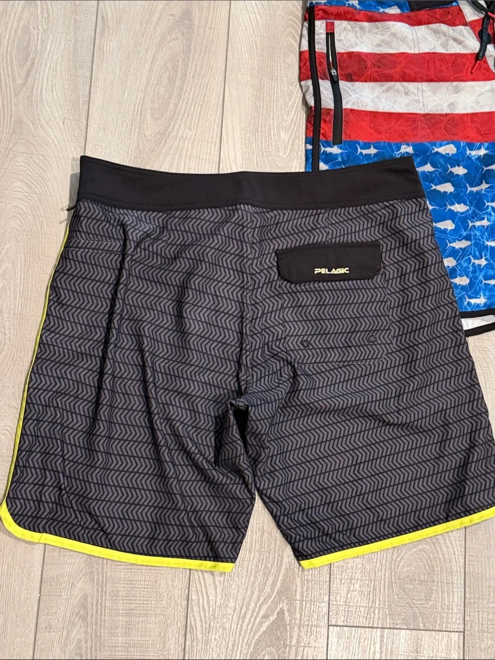 Pelagic Men’s Drawstring Swim Trunks- Size 36- Black/Neon and Patriotic